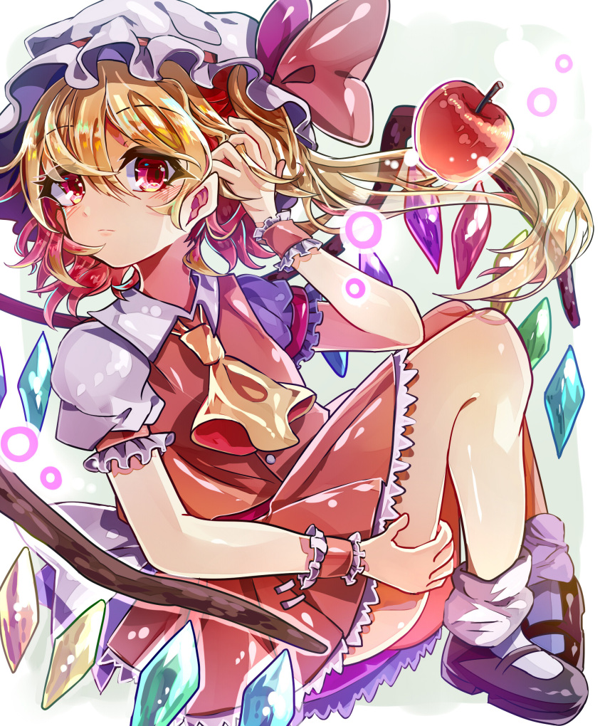 1girl absurdres apple ascot blonde_hair crystal_wings dress flandre_scarlet food fruit full_body hand_up hat highres ichirugi loose_socks mary_janes mob_cap pointy_ears puffy_short_sleeves puffy_sleeves red_dress red_eyes shoes short_sleeves simple_background socks solo touhou white_background wrist_cuffs yellow_ascot