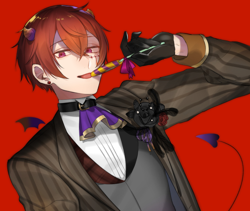 1boy :d aho_no_sakata ascot belt_collar black_collar black_flower black_gloves black_rose boutonniere brown_jacket candy collar demon_boy demon_horns demon_tail demon_wings earrings facial_mark flower flower_earrings food food_in_mouth gloves grey_vest hair_between_eyes hassan_(sink916) holding holding_candy holding_food holding_lollipop horns jacket jewelry lollipop long_sleeves looking_at_viewer male_focus mini_wings official_art open_clothes open_jacket parted_bangs purple_ascot red_background red_eyes redhead rose shirt short_hair simple_background sleeve_cuffs smile solo striped_clothes striped_jacket stud_earrings suit_jacket tail upper_body urashimasakatasen utaite vertical-striped_clothes vertical-striped_jacket vest white_shirt wings