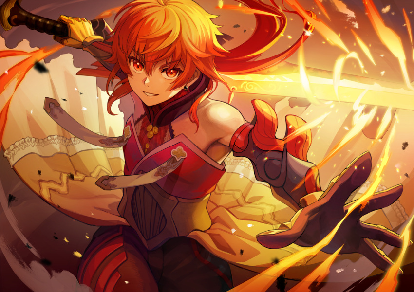 1boy bare_shoulders braid detached_collar detached_sleeves fate/grand_order fate_(series) fire fon-due_(fonfon) gloves glowing holding holding_weapon indian_clothes jewelry long_hair looking_at_viewer orange_eyes orange_hair ponytail rama_(fate) red_eyes redhead smile weapon