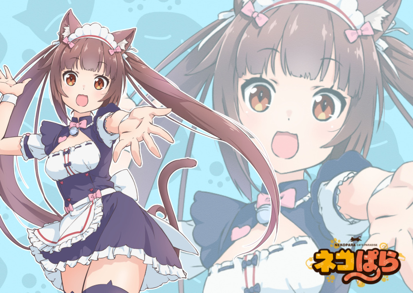 1girl :3 :d animal_ear_fluff animal_ears animal_print anime_coloring apron back_bow bell black_shirt black_skirt black_thighhighs blunt_bangs blush bow bowtie brown_eyes brown_hair buttons cat_ears cat_girl cat_print cat_tail chocola_(nekopara) cleavage_cutout clothing_cutout commentary_request copyright_name cowboy_shot derivative_work floating_hair frilled_apron frilled_skirt frills hair_bow hair_ribbon happy heart-shaped_ornament heart_button highres jingle_bell light_blue_background long_hair looking_at_viewer maid maid_headdress neck_bell nekopara open_mouth outstretched_arm outstretched_hand paw_print pink_bow pink_bowtie puffy_short_sleeves puffy_sleeves raiz_art_works reaching reaching_towards_viewer ribbon shirt short_sleeves sidelocks simple_background skirt slit_pupils smile solo straight_hair tail tail_raised tareme thigh-highs twintails very_long_hair waist_apron waitress white_apron white_bow white_ribbon white_wrist_cuffs wide-eyed wrist_cuffs zettai_ryouiki