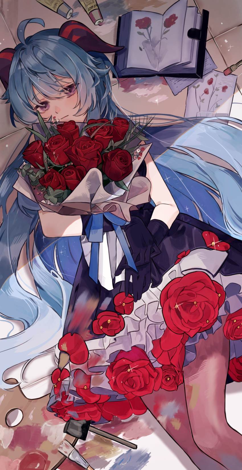 1girl absurdres ahoge alternate_costume black_dress black_gloves blue_hair bouquet brown_pantyhose closed_mouth dress flower ganyu_(genshin_impact) genshin_impact gloves goat_horns hair_between_eyes highres holding holding_bouquet horns long_hair looking_at_viewer lying naengbi1008 on_back pantyhose red_flower red_rose rose violet_eyes