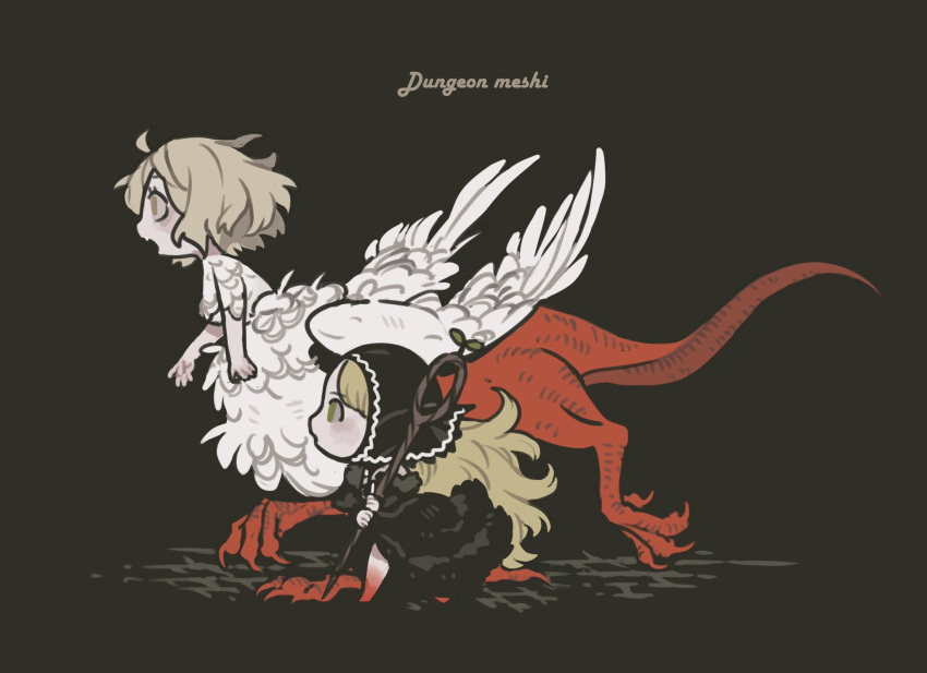 2girls ambrosia_(dungeon_meshi) black_background black_dress blonde_hair chimera claws copyright_name detached_hood detached_sleeves dress dungeon_meshi falin_touden falin_touden_(chimera) feathered_wings feathers green_eyes highres long_hair marcille_donato marcille_donato_(lord) multiple_girls platinum_(o0baijin0o) red_scales short_hair taur wings yellow_eyes