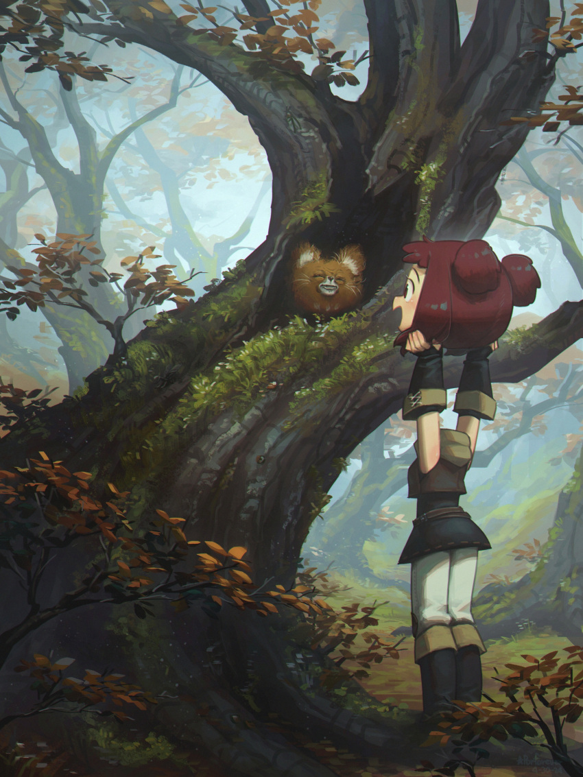 1girl absurdres animal boots disembodied_head dullahan enne_(porforever) fantasy fingerless_gloves forest gloves highres holding_own_head nature original porforever red_eyes redhead short_twintails sleeveless tree twintails