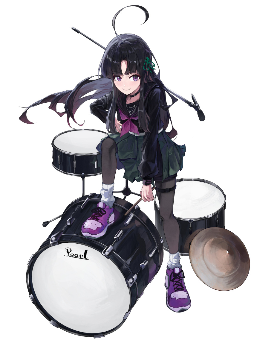 1girl absurdres ahoge awa_subaru black_choker black_hair black_pantyhose black_shirt choker closed_mouth commentary drum drum_set drumsticks girls_band_cry green_ribbon green_skirt hair_ribbon hashtag-only_commentary highres holding holding_drumsticks instrument long_hair looking_at_viewer microphone_stand ninney5 pantyhose pleated_skirt purple_footwear ribbon shirt shoes simple_background skirt smile sneakers socks solo thigh_strap violet_eyes white_background white_socks