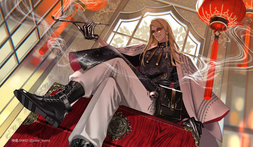 alternate_costume bag black_footwear black_gloves blonde_hair boots braid cape changpao chinese_clothes collared_shirt cross-laced_footwear crossed_legs fate/grand_order fate_(series) gloves highres holding holding_smoking_pipe koshika_rina long_hair pants print_cape red_cape shirt shoes shoulder_bag single_braid sitting skeletal_hand skull skull_ornament smoke smoking smoking_pipe tangzhuang tezcatlipoca_(fate) twitter_username two-tone_cape white_cape white_pants