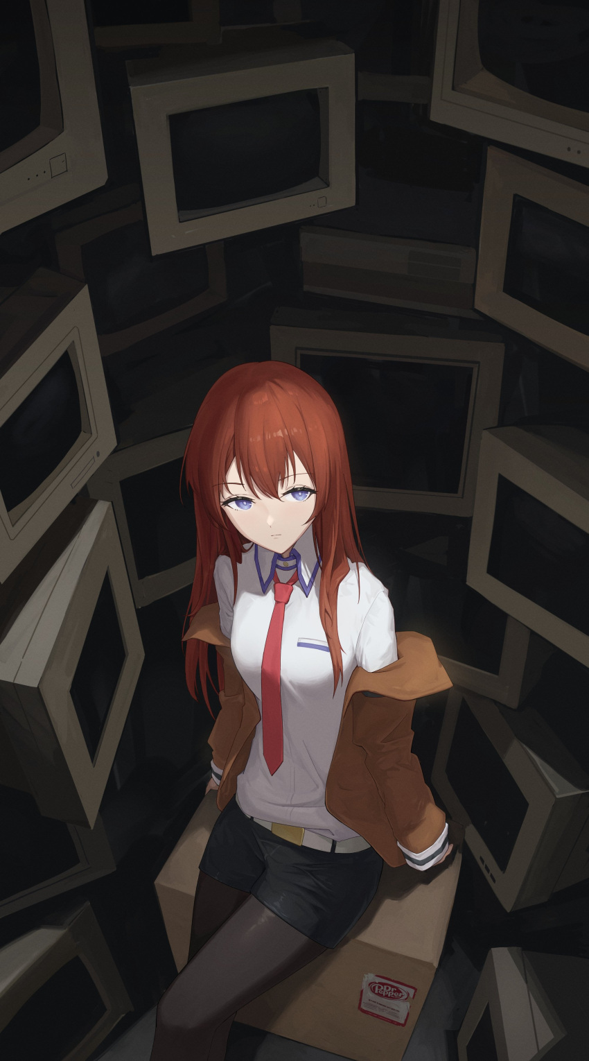 1girl absurdres arm_support belt black_pantyhose black_shorts box breasts bright_pupils brown_hair brown_jacket cardboard_box closed_mouth collared_shirt crt expressionless feet_out_of_frame from_above hair_between_eyes highres jacket long_hair long_sleeves looking_at_viewer makise_kurisu medium_breasts monitor necktie off_shoulder open_clothes open_jacket pantyhose pantyhose_under_shorts red_necktie shirt short_shorts shorts sitting sleeves_past_wrists solo steins;gate violet_eyes white_belt white_pupils white_shirt yaoyang_47