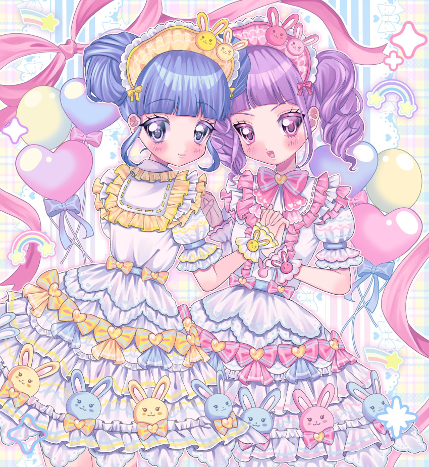 2girls animal_print balloon blue_eyes blue_hair blunt_bangs center_frills closed_mouth commentary_request cowboy_shot dress frilled_dress frills heart_balloon highres holding_hands interlocked_fingers lolita_fashion long_hair looking_at_viewer multiple_girls open_mouth pink_ribbon player_character_(pripara) pretty_series pripara puffy_short_sleeves puffy_sleeves purple_hair rabbit_print ribbon short_hair short_sleeves smile sparkle standing sweet_lolita twintails violet_eyes white_dress wrist_cuffs yuni_(ramm_sweet)