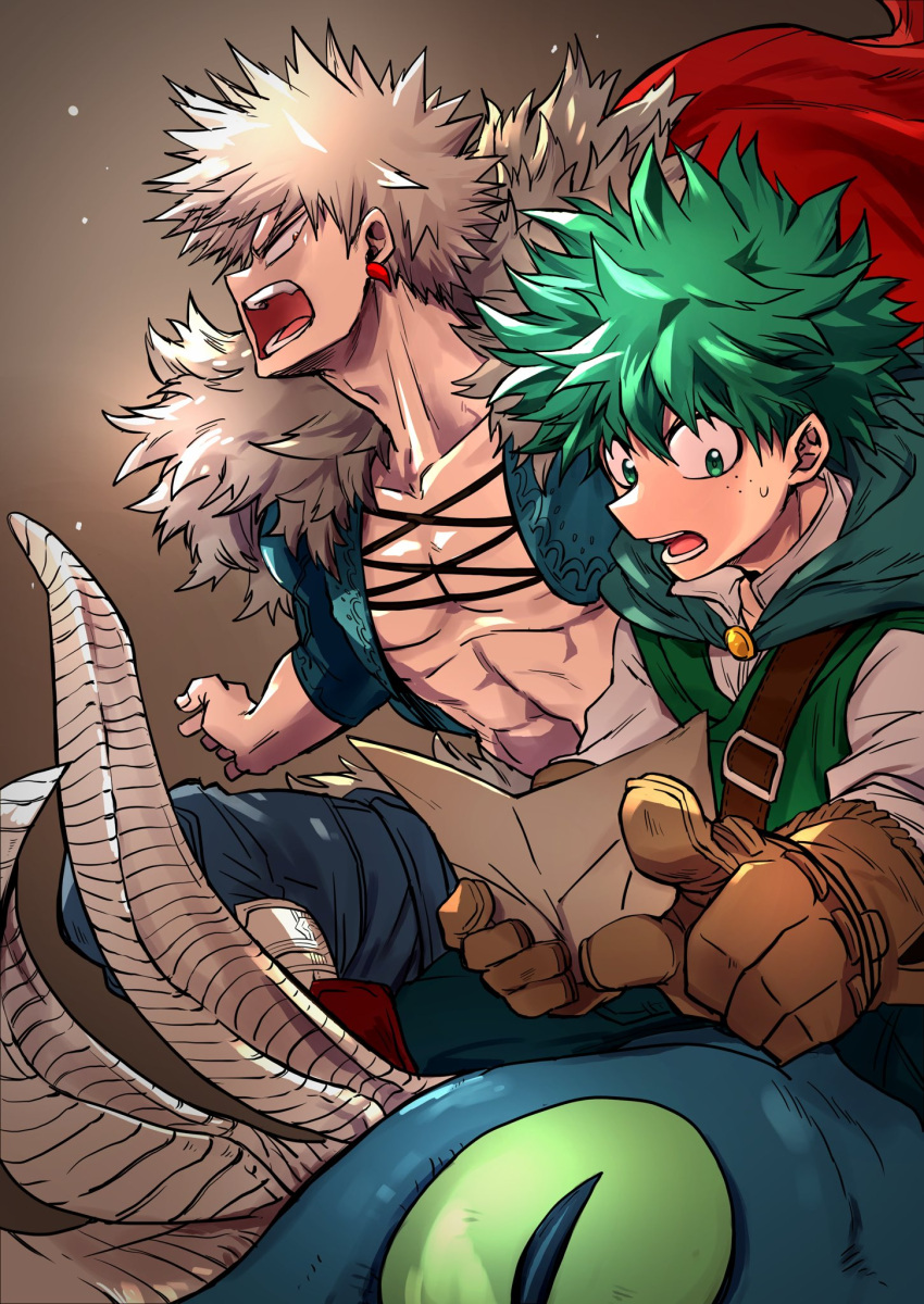 2boys 2nd_popularity_poll_(boku_no_hero_academia) abs adam's_apple alternate_eye_color alternate_universe aqua_cape bakugou_katsuki belt belt_buckle blonde_hair blue_jacket blue_pants boku_no_hero_academia boots brown_background brown_belt buckle cape chiyaya collarbone cropped_jacket cross-laced_clothes cross-laced_top fantasy floating_cape freckles fur-trimmed_cape fur_trim gradient_background green_eyes green_hair green_pupils green_vest grey_shirt hair_between_eyes highres holding holding_map horns jacket jewelry knee_boots knee_up long_neck long_sleeves looking_to_the_side male_focus map midoriya_izuku multiple_boys multiple_horns necklace no_shirt official_alternate_costume open_mouth orange_eyes pants pointing pointing_to_the_side profile red_cape sanpaku shirt short_hair shoulder_belt side-by-side sideways_glance sideways_mouth sitting sleeves_past_elbows spiky_hair sweatdrop toned toned_male tooth_earrings tooth_necklace upper_body vest yellow_brooch