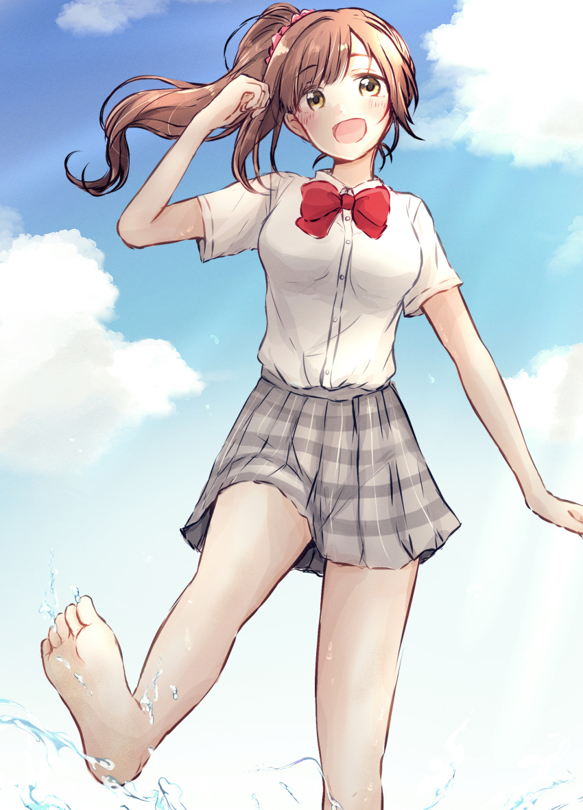 1girl :d absurdres baran._(ba_ra_ran) barefoot blue_sky blush bow bowtie breasts brown_hair clouds collared_shirt dress_shirt foot_out_of_frame grey_skirt hair_ornament hair_scrunchie highres holding holding_hair idolmaster idolmaster_cinderella_girls igarashi_kyoko leg_up lone_nape_hair long_hair looking_at_viewer medium_breasts miniskirt open_mouth pink_scrunchie plaid plaid_skirt pleated_skirt red_bow red_bowtie school_uniform scrunchie shirt shirt_tucked_in short_sleeves side_ponytail sidelocks skirt sky smile solo standing standing_on_one_leg swept_bangs white_shirt yellow_eyes