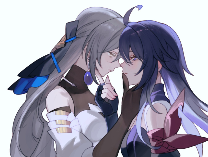 2girls black_gloves blue_background bronya_rand closed_mouth commentary detached_sleeves dress earrings elbow_gloves eye_contact finger_to_another's_mouth fingerless_gloves from_side gloves grey_eyes grey_hair hand_on_another's_chin highres honkai:_star_rail honkai_(series) jewelry long_hair looking_at_another mie_xing multiple_girls parted_lips profile purple_hair purple_scarf scarf seele_(honkai:_star_rail) simple_background upper_body violet_eyes white_dress yuri