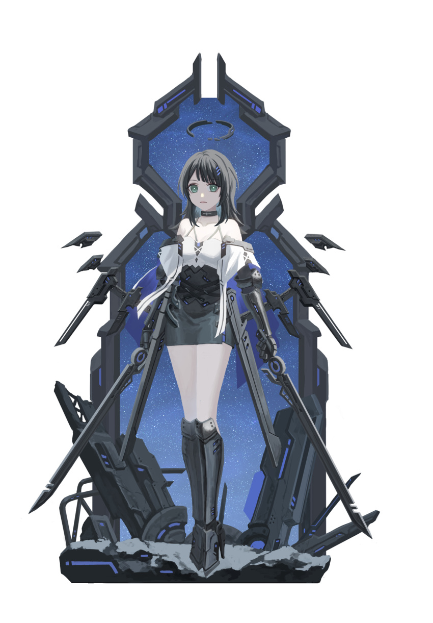 1girl bang_dream! bang_dream!_it's_mygo!!!!! bare_shoulders black_choker black_hair black_skirt character_name chinese_commentary choker closed_mouth commentary_request dual_wielding expressionless full_body green_eyes hair_ornament hairclip halo high_heels highres holding holding_sword holding_weapon long_hair looking_at_viewer mechanical_arms mechanical_halo mechanical_legs mechanical_wings shirt simple_background skirt sky solo standing star_(sky) starry_sky sword weapon white_background white_shirt wings xukong yahata_umiri