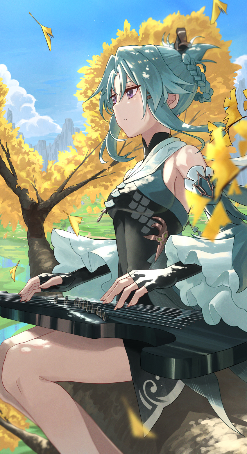 1girl absurdres bare_shoulders black_dress black_gloves blue_sky braid breasts closed_mouth detached_sleeves dress elmo_(st_elmomomo) fingerless_gloves genshin_impact gloves highres instrument long_sleeves madame_ping_(genshin_impact) music outdoors playing_instrument sitting sky small_breasts solo tree violet_eyes zither