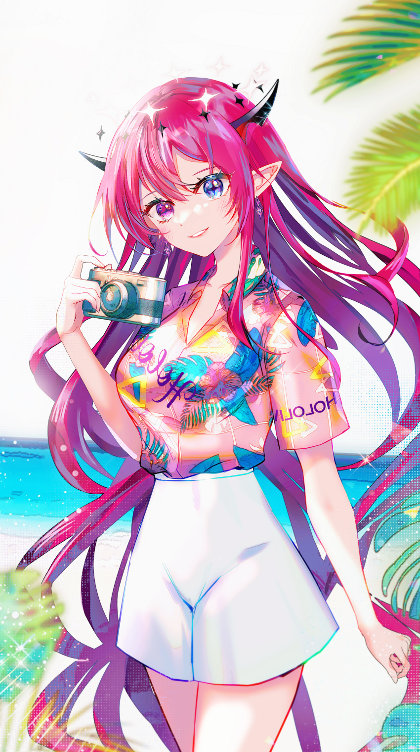 1girl absurdres arm_at_side beach blue_eyes camera collared_shirt commentary cross-shaped_pupils earrings floral_print floral_print_shirt halo hawaiian_shirt head_tilt heterochromia highres hololive hololive_english horns irys_(hololive) jewelry long_hair looking_at_viewer multicolored_hair ocean official_alternate_costume outdoors palm_tree parted_lips pink_eyes pink_hair pink_shirt pointy_ears print_shirt purple_hair redhead shirt short_sleeves shorts smile solo sowon summer symbol-only_commentary symbol-shaped_pupils tree tropical very_long_hair virtual_youtuber white_shorts