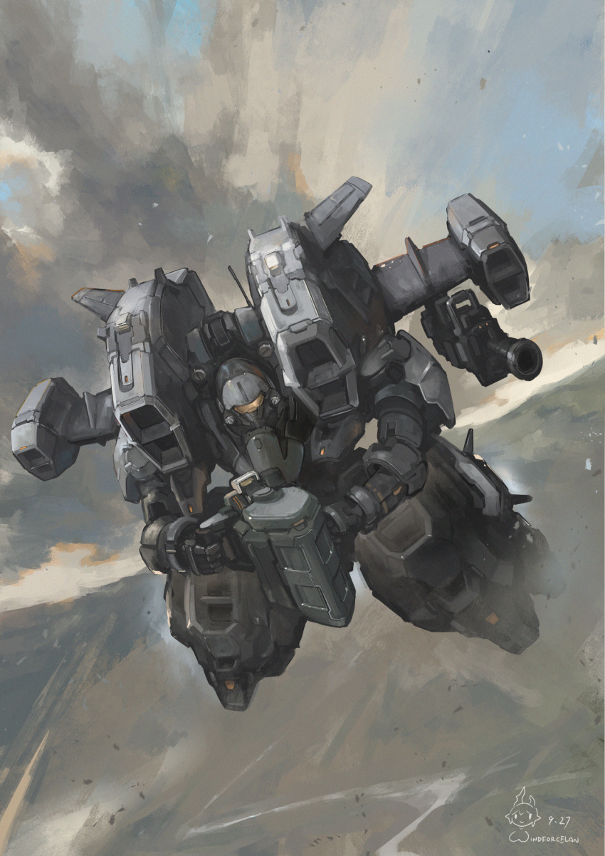 aries_(mobile_suit) artist_logo artist_name assault_visor beam_rifle chinese_commentary clouds cloudy_sky commentary_request dated day desert energy_gun flying gundam gundam_wing highres holding holding_weapon mecha mecha_focus missile_pod mobile_suit mountainous_horizon no_humans outdoors robot science_fiction sky solo weapon windforcelan