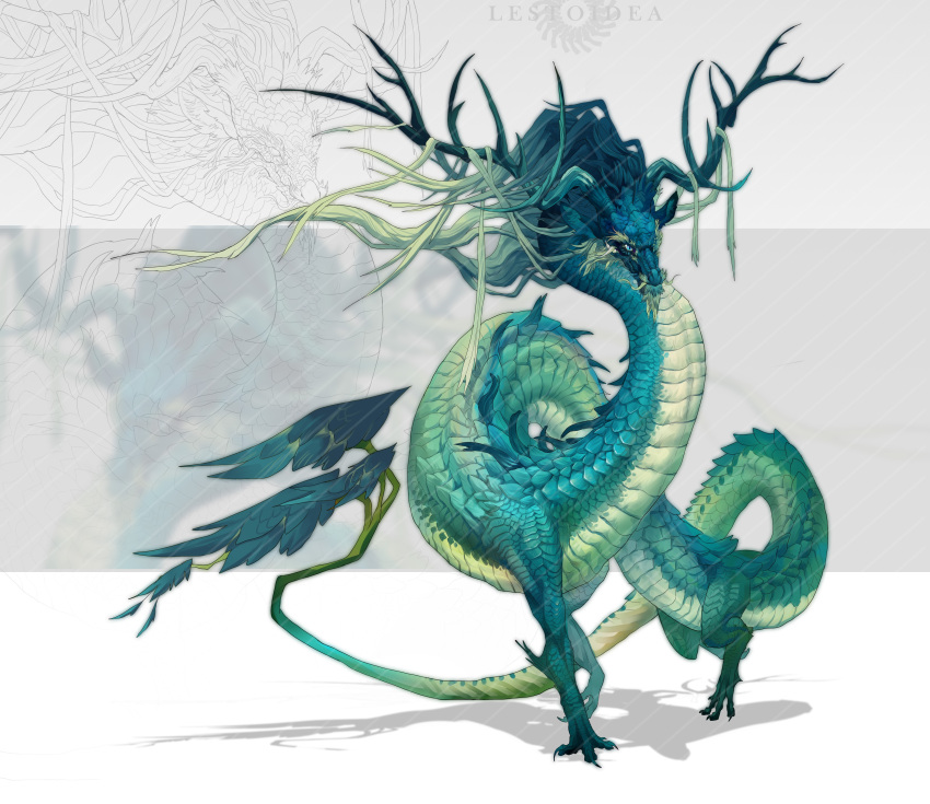 absurdres animal_focus antlers blue_eyes chasemakouchi chinese_commentary claws commentary_request dragon eastern_dragon full_body green_horns green_scales highres horns mane monster no_humans original scales simple_background solo tail two-tone_background white_background zoom_layer