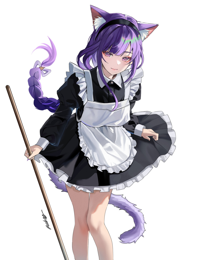 1girl absurdres alternate_costume animal_ear_fluff animal_ears apron black_dress cat_ears cat_girl cat_tail closed_mouth commentary dress enmaided frilled_apron frilled_dress frills genshin_impact highres holding holding_staff juliet_sleeves kemonomimi_mode long_hair long_sleeves looking_at_viewer low-braided_long_hair low-tied_long_hair maid maid_apron mole mole_under_eye puffy_sleeves purple_hair raiden_shogun rudang simple_background smile solo staff standing tail violet_eyes white_apron white_background