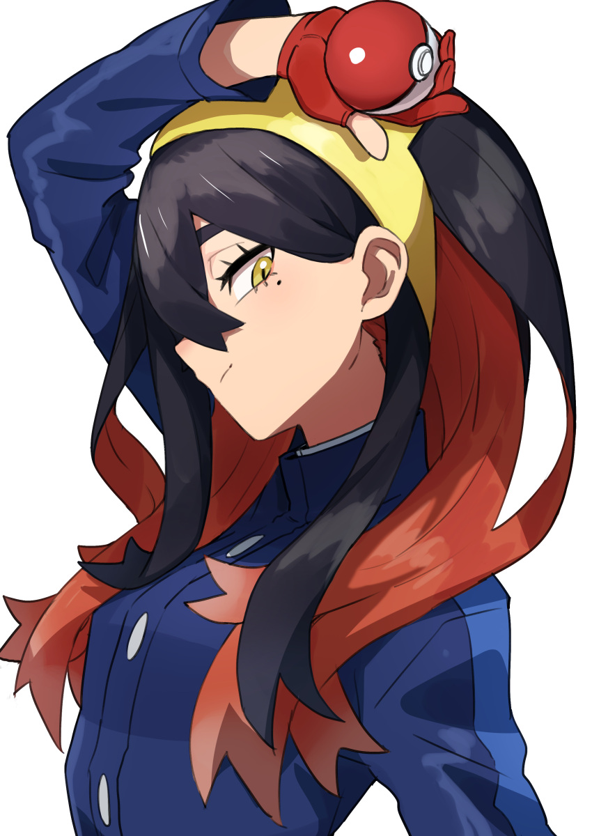 1girl absurdres arm_above_head black_hair blue_jacket blueberry_academy_school_uniform carmine_(pokemon) closed_mouth colored_inner_hair eyelashes from_side gazacy_(dai) gloves hair_between_eyes hairband highres holding holding_poke_ball jacket long_hair long_sleeves looking_at_viewer mole mole_under_eye multicolored_hair partially_fingerless_gloves poke_ball poke_ball_(basic) pokemon pokemon_sv red_gloves redhead school_uniform solo two-tone_hair upper_body white_background yellow_eyes yellow_hairband