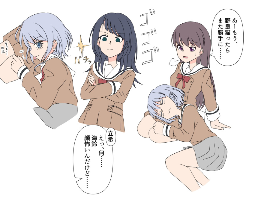 3girls :3 arm_support bang_dream! bang_dream!_it's_mygo!!!!! black_hair blue_eyes bow bowtie breasts brown_dress brown_hair brown_shirt closed_mouth commentary cropped_legs dress green_eyes grey_hair grey_skirt highres kaname_raana lap_pillow long_hair long_sleeves medium_breasts moriss_daylight multiple_girls open_mouth pleated_dress pleated_skirt puff_of_air red_bow red_bowtie sailor_collar sailor_dress school_uniform serafuku shiina_taki shirt short_hair simple_background skirt sparkle sweatdrop tongue tongue_out translation_request white_background white_sailor_collar yahata_umiri