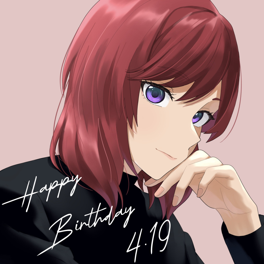 1girl absurdres black_shirt closed_mouth commentary_request dated hand_on_own_chin happy_birthday highres long_sleeves looking_at_viewer love_live! love_live!_school_idol_project nishikino_maki pink_background portrait redhead s_sho_mkrn shirt short_hair solo swept_bangs upper_body violet_eyes