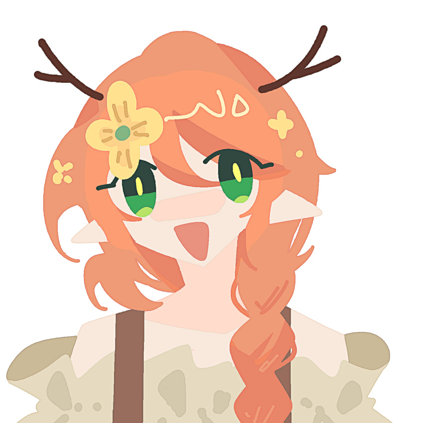 1girl antlers blouse blush braid flower geminitay green_eyes hair_flower hair_ornament hermitcraft highres horns looking_at_viewer minecraft_youtube no_lineart open_mouth orange_hair pointy_ears shirt sidelocks smile solo suspenders taierzhimeng77405 white_background
