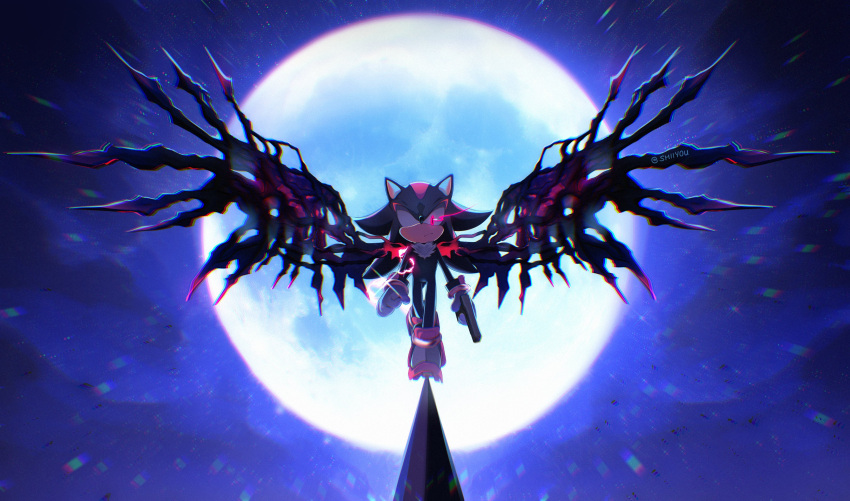 1boy absurdres full_body furry furry_male gloves glowing glowing_eye gun highres holding holding_gun holding_weapon looking_at_viewer male_focus moon night night_sky red_eyes shadow_the_hedgehog shiiyou sky solo sonic_(series) sonic_generations sonic_x_shadow_generations standing weapon white_gloves wings