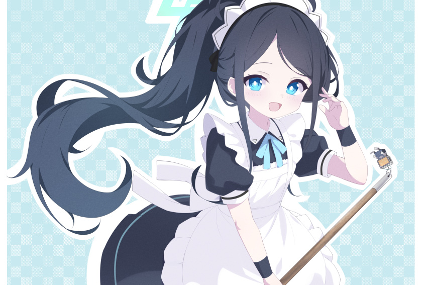 &lt;key&gt;_(robot)_(blue_archive) 1girl absurdly_long_hair apron aris_(blue_archive) aris_(maid)_(blue_archive) black_dress black_hair blue_archive blue_eyes blush bright_pupils commentary dress frilled_apron frills green_halo halo highres long_hair looking_at_viewer maid maid_apron maid_headdress official_alternate_costume open_mouth ponytail puffy_short_sleeves puffy_sleeves revision rokukarashi short_sleeves smile solo very_long_hair white_apron white_pupils