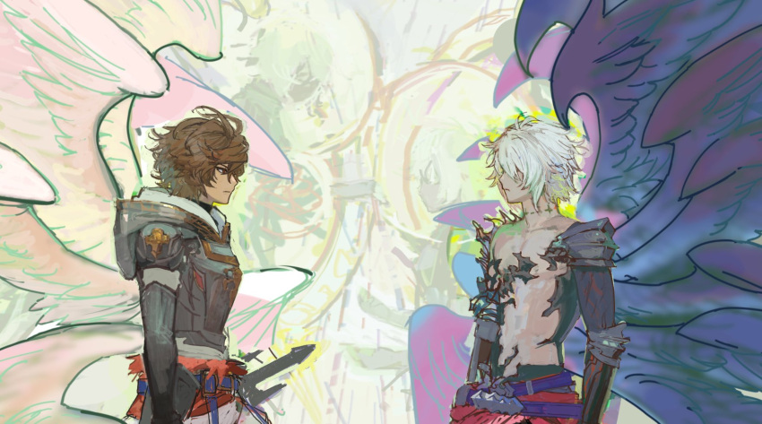 2boys ahoge angel_wings armor belt black_wings blue_belt breastplate brown_hair cape commentary covered_eyes cowboy_shot elbow_pads english_commentary facing_another feathered_wings from_side frown granblue_fantasy hair_between_eyes highres hood hood_down looking_at_another lucilius_(granblue_fantasy) male_focus messy_hair multiple_boys multiple_wings red_eyes sandalphon_(granblue_fantasy) short_hair shoulder_armor shoulder_spikes spikes sword turtleneck wahoosandalphon weapon white_cape white_hair white_wings wings