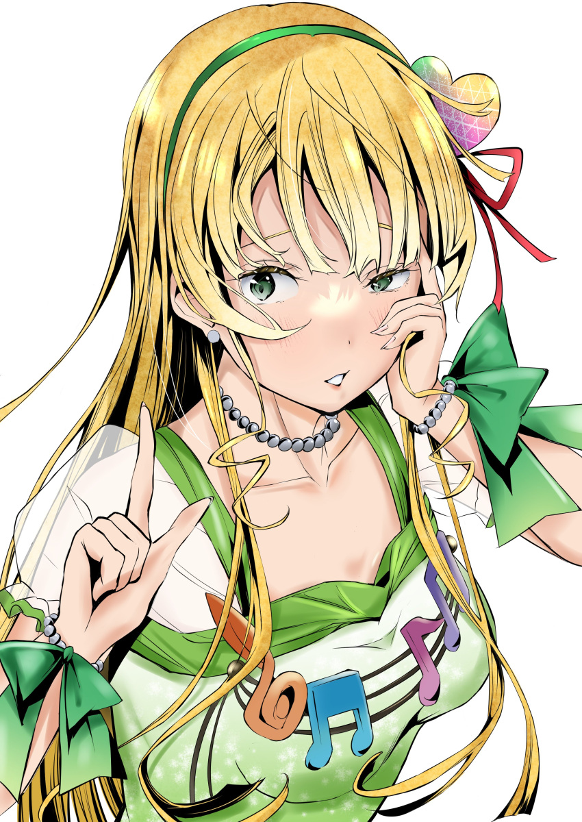 1girl absurdres bead_bracelet bead_necklace beads blonde_hair blunt_bangs blush bracelet breasts collarbone commentary_request dress earrings furrowed_brow gradient_dress green_dress green_hairband green_ribbon hair_ornament hairband hand_on_own_cheek hand_on_own_face heanna_sumire heart heart_hair_ornament highres jewelry looking_at_viewer love_live! love_live!_superstar!! medium_breasts musical_note necklace parted_lips pointing pointing_up ribbon sidelocks solo tommer uneven_eyes upper_body white_background white_dress wrist_ribbon