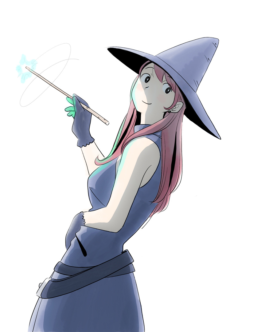 1girl belt blue_dress blue_gloves dress dutch_angle from_side gloves gogo_jolno hat highres holding holding_wand long_hair looking_at_viewer looking_to_the_side original pink_hair simple_background solo wand white_background witch witch_hat