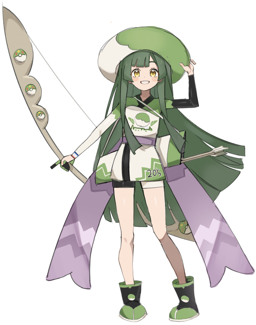 1girl absurdres adapted_costume arrow_(projectile) bike_shorts blunt_bangs blunt_ends blush_stickers boots bow_(weapon) commentary_request food-themed_hat full_body gloves green_hair grin hand_on_headwear highres hime_cut hiragi_sage holding holding_bow_(weapon) holding_weapon index_finger_raised japanese_clothes kimono long_hair long_sleeves looking_at_viewer multicolored_clothes multicolored_kimono partially_fingerless_gloves poke_ball pokemon pokemon_swsh purple_sash quiver sash short_kimono shoulder_strap simple_background single_glove smile solo standing touhoku_zunko very_long_hair voiceroid weapon white_background yellow_eyes zunda_mochi
