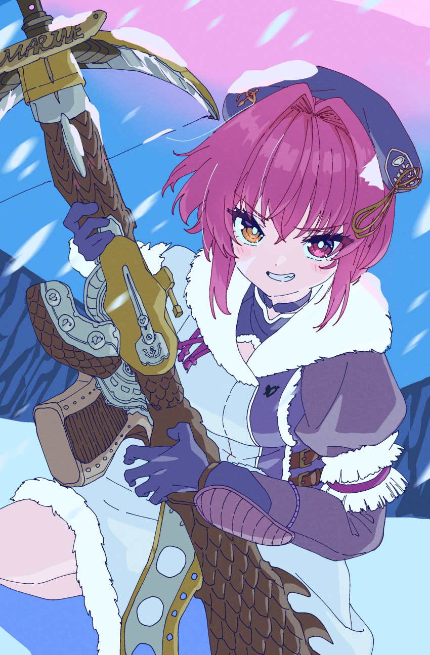 1girl absurdres beret character_name coat fur-trimmed_coat fur-trimmed_sleeves fur_trim gloves gun hasu hat heterochromia highres holding holding_weapon hololive houshou_marine looking_at_viewer monster_hunter:_world monster_hunter_(series) monster_hunter_world:_iceborne open_mouth red_eyes redhead rifle smile snow snowing solo teeth virtual_youtuber weapon winter_clothes winter_coat yellow_eyes