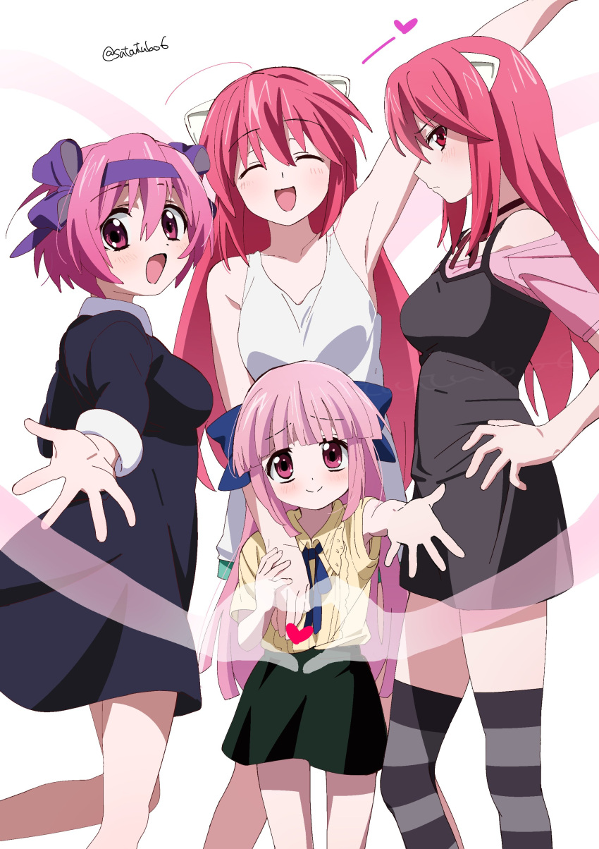 4girls :d absurdres animal_ears arm_up black_dress black_skirt blunt_bangs blunt_ends breasts child closed_eyes color_connection cowboy_shot dot_nose dress dual_persona elfen_lied facing_viewer feet_out_of_frame from_side furrowed_brow grey_socks hair_color_connection hand_on_another's_shoulder hand_on_own_hip hand_up happy highres knee_up kneehighs light_frown long_hair looking_back lucy_(elfen_lied) mariko_(elfen_lied) medium_breasts multiple_girls nana_(elfen_lied) open_hand pink_eyes pink_hair pink_shirt reaching reaching_towards_viewer red_eyes satou_asuka shirt short_hair signature simple_background skirt sleeve_cuffs smile socks spaghetti_strap split_mouth standing striped_clothes striped_socks very_long_hair waving white_background white_shirt yellow_shirt