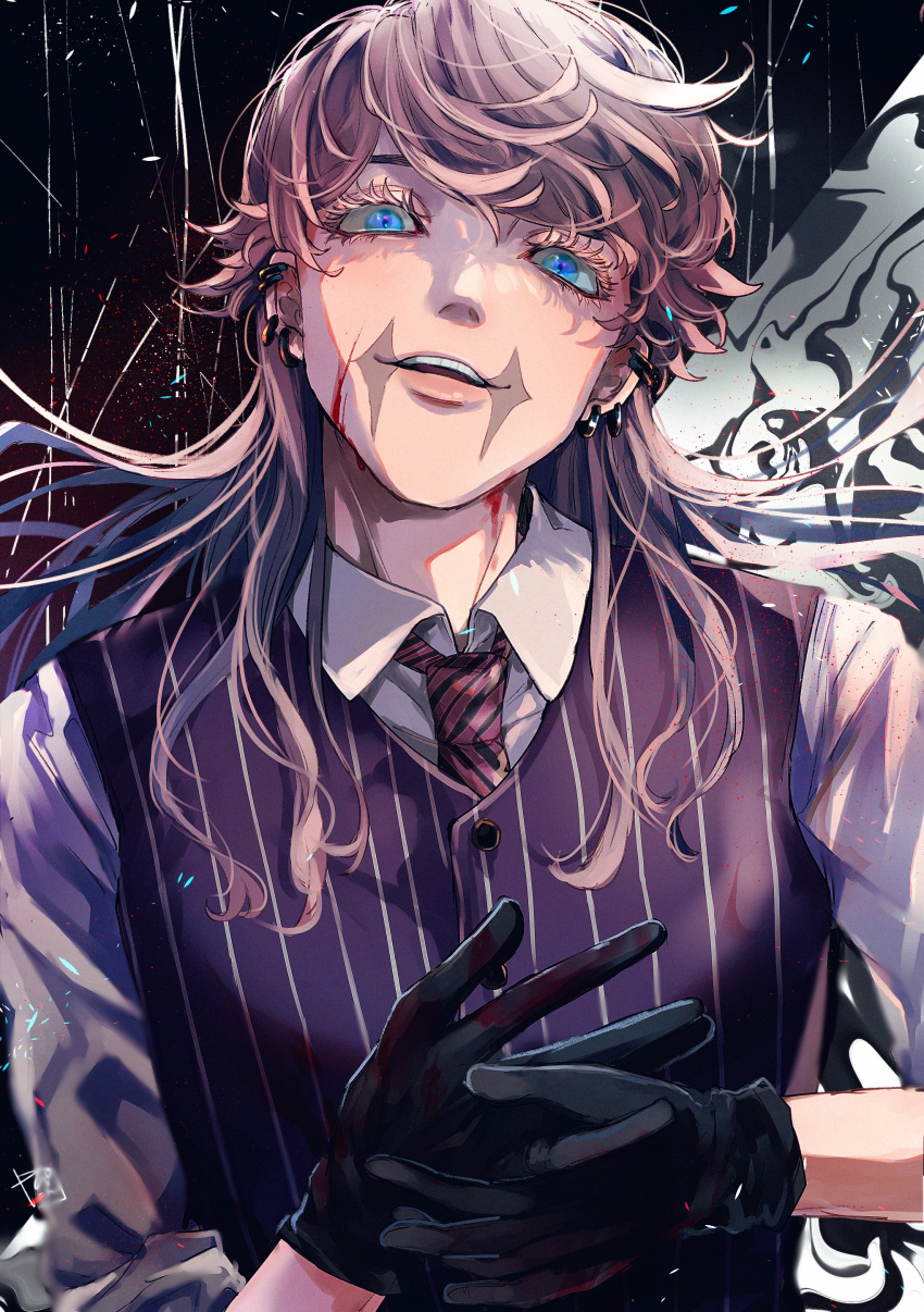 1boy absurdres black_gloves blood blood_on_face blood_on_neck blue_eyes buttons collared_shirt ear_piercing eyelashes gloves hand_on_hand head_back highres hiyotterupin light_blush light_smile looking_at_viewer looking_down male_focus medium_hair necktie piercing pink_hair purple_vest red_necktie scar scar_on_face shirt sleeves_rolled_up solo striped_clothes suit teeth tokyo_revengers upper_body upper_teeth_only vest white_shirt wolf_cut