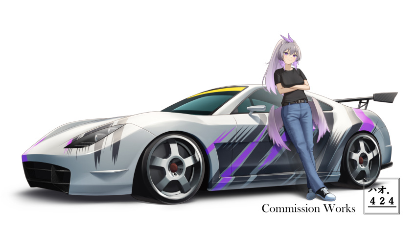 1girl artist_name belt black_belt black_footwear blue_pants blush breasts burnout_paradise car commission denim english_commentary grey_hair haow head_tilt highres jeans kitano_touge_sport long_hair looking_at_viewer low_wings medium_breasts motor_vehicle original pants ponytail shadow shoes smile sneakers solo spoiler_(automobile) sports_car vehicle_focus violet_eyes white_background wings