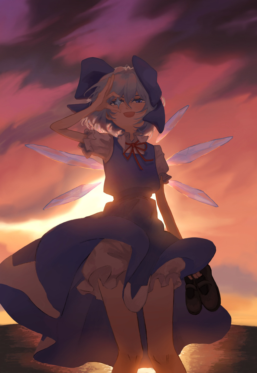 1girl 2conut :d absurdres bloomers blue_bow blue_dress blue_eyes blue_hair blue_vest bow cirno collared_shirt dress hair_between_eyes hair_bow highres holding holding_shoes ice ice_wings looking_at_viewer neck_ribbon open_mouth outdoors pinafore_dress puffy_short_sleeves puffy_sleeves red_ribbon ribbon shirt shoes short_hair short_sleeves skirt sky sleeveless sleeveless_dress smile solo standing sunset touhou underwear unworn_shoes vest water white_shirt wings
