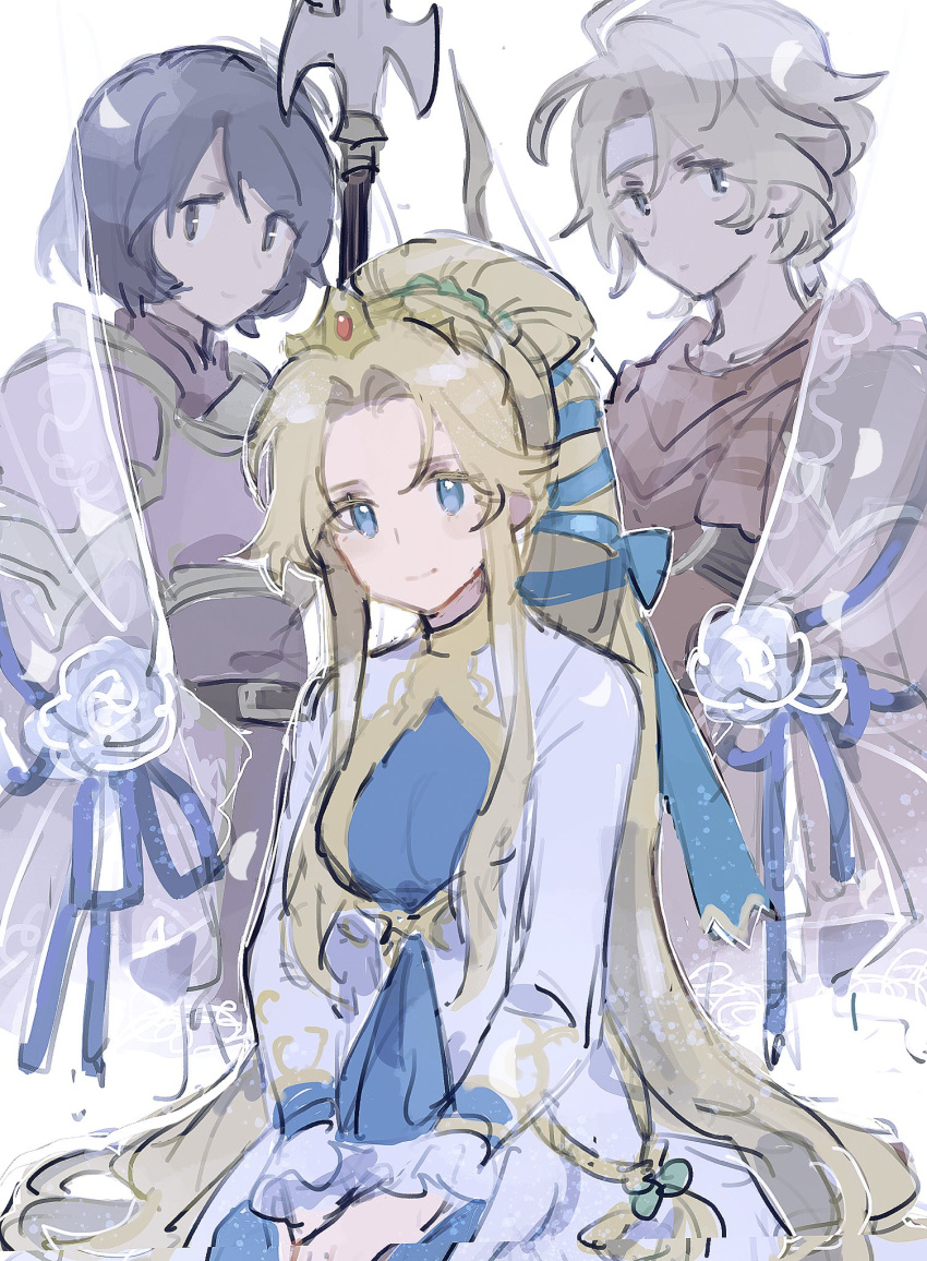 1boy 2girls black_hair blonde_hair blue_eyes blue_ribbon bow_(weapon) dress fire_emblem fire_emblem:_mystery_of_the_emblem hair_ribbon headband highres holding holding_polearm holding_weapon jeorge_(fire_emblem) long_hair long_sleeves looking_at_viewer mbkmmm midia_(fire_emblem) multiple_girls nyna_(fire_emblem) polearm ponytail ribbon seiza short_hair sitting smile tiara very_long_hair weapon white_background white_headband