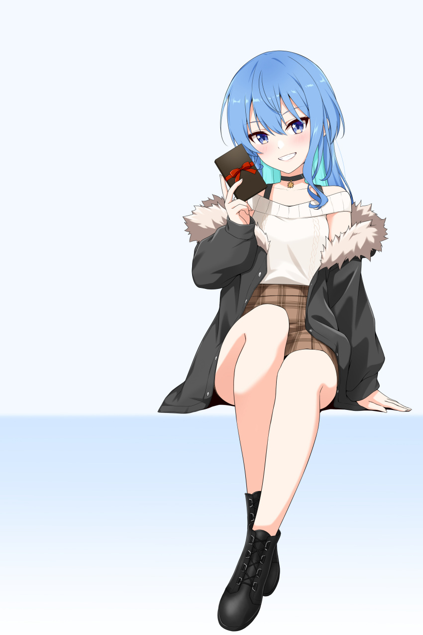 1girl absurdres ankle_boots black_choker black_footwear black_jacket blue_eyes blue_hair blush boots breasts brown_skirt buttons choker collarbone commentary cross-laced_footwear english_commentary felutiahime full_body fur-trimmed_jacket fur_trim gift hair_between_eyes highres holding holding_gift hololive hoshimachi_suisei jacket lace-up_boots long_hair looking_at_viewer mixed-language_commentary off_shoulder plaid plaid_skirt shirt simple_background sitting skirt sleeveless sleeveless_shirt small_breasts smile solo star_(symbol) star_in_eye straight_hair symbol_in_eye teeth valentine virtual_youtuber white_background