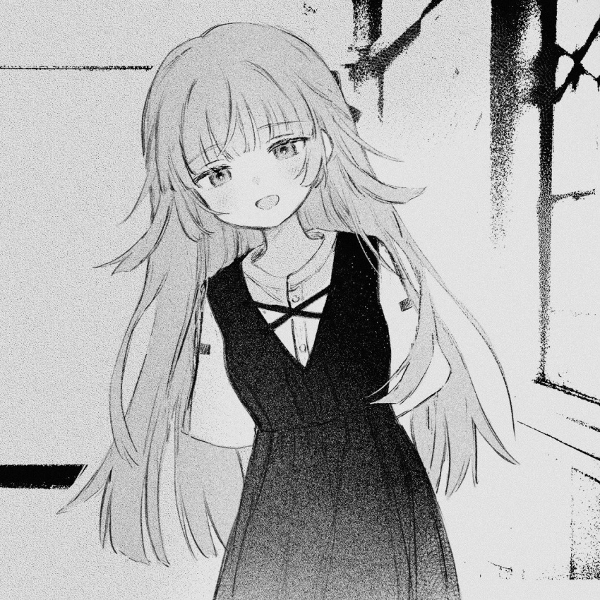 1girl :d arms_behind_back blush buttons cowboy_shot dress greyscale highres indoors leaning_to_the_side long_bangs long_hair long_sleeves looking_at_viewer monochrome open_mouth original shirt sidelocks sleeveless sleeveless_dress smile solo straight_hair yorunogumo