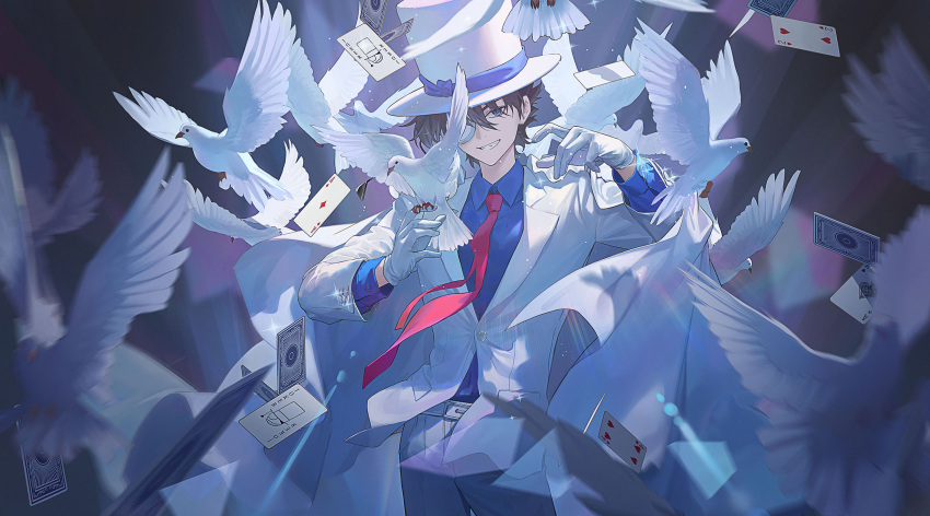 1boy ace_(playing_card) ace_of_clubs ace_of_diamonds bird bird_on_hand black_hair blue_eyes blue_shirt cape card club_(shape) collared_shirt cowboy_shot diamond_(shape) floating_card four_of_hearts glasses gloves grin hat hat_ribbon highres jacket joker_(playing_card) kaitou_kid lapels looking_at_viewer male_focus meitantei_conan monocle necktie notched_lapels opaque_glasses pant_suit pants pigeon playing_card red_necktie ribbon shirt short_hair smile solo suit suit_jacket too_many too_many_birds top_hat ttk_(kirinottk) two_of_hearts white_cape white_gloves white_hat white_jacket white_pants white_suit