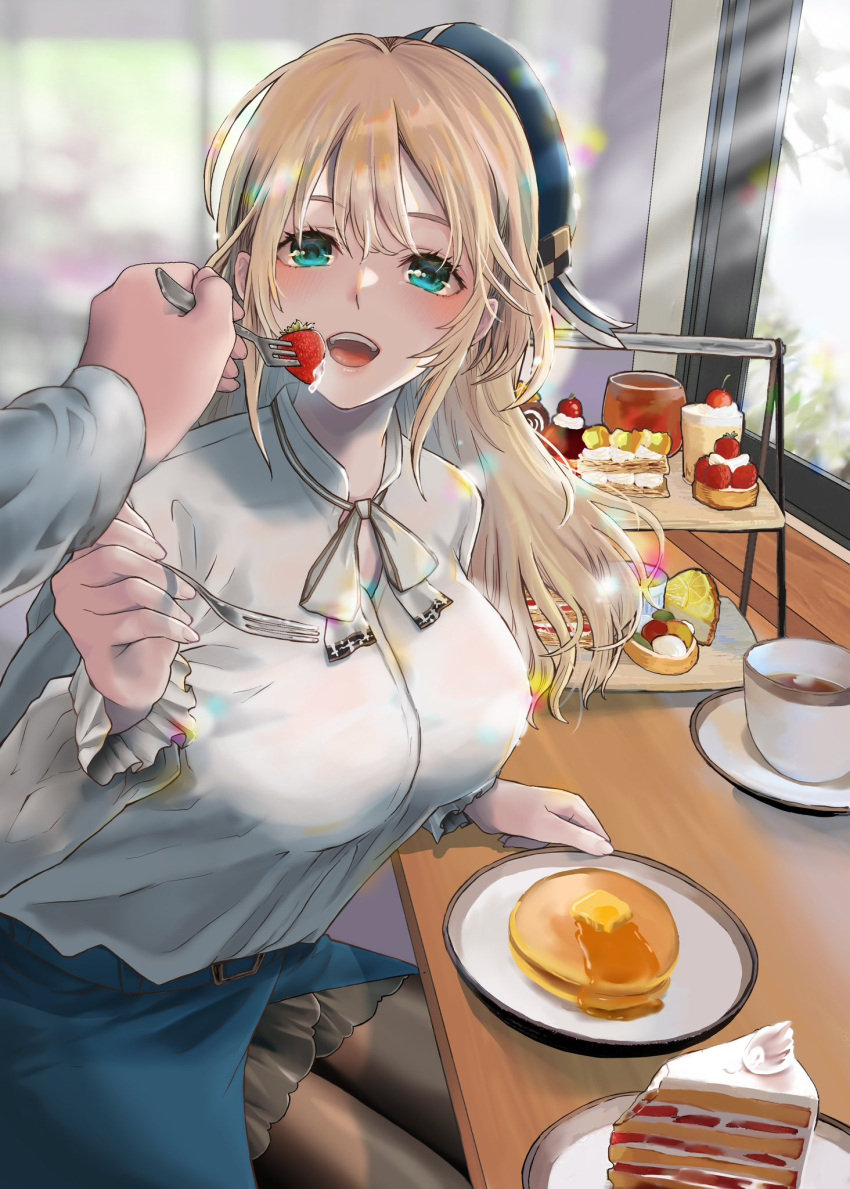 1girl 1other aqua_eyes asyuri atago_(kancolle) beret black_pantyhose blonde_hair blue_skirt blush breasts cake day food fork fruit hair_between_eyes hat highres holding holding_fork indoors kantai_collection large_breasts long_hair long_sleeves looking_at_another open_mouth pancake pantyhose shirt skirt smile solo_focus strawberry sunlight table white_shirt window