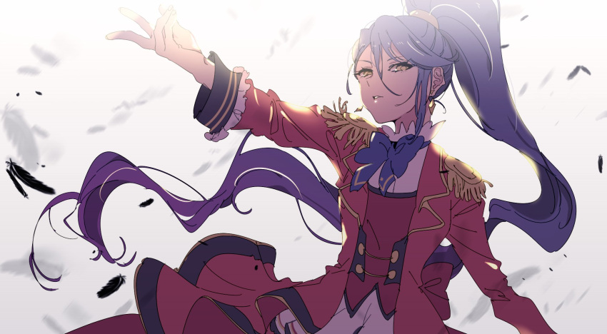 1girl aikatsu!_(series) aikatsu_stars! arm_up bad_id bad_twitter_id cowboy_shot earrings epaulettes feathers hair_between_eyes highres jacket jewelry kisaragi_tsubasa long_hair long_sleeves looking_at_viewer open_clothes open_jacket outstretched_arm pleated_skirt ponytail purple_hair red_jacket s4_uniform shiontaso shirt skirt solo standing very_long_hair white_shirt white_skirt wind yellow_eyes