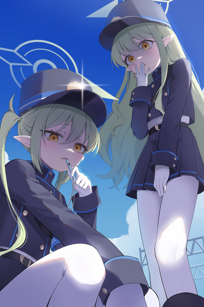 2girls absurdres belt black_belt black_hat black_jacket black_shorts black_skirt blue_archive blush buttons day ddungddang double-breasted gloves green_hair green_halo hair_between_eyes halo hat highlander_sidelocks_conductor_(blue_archive) highlander_twintails_conductor_(blue_archive) highres holding holding_whistle jacket long_hair long_sleeves multiple_girls open_mouth outdoors pantyhose peaked_cap pleated_skirt pointy_ears shorts sidelocks skirt twintails whistle white_gloves white_pantyhose yellow_eyes