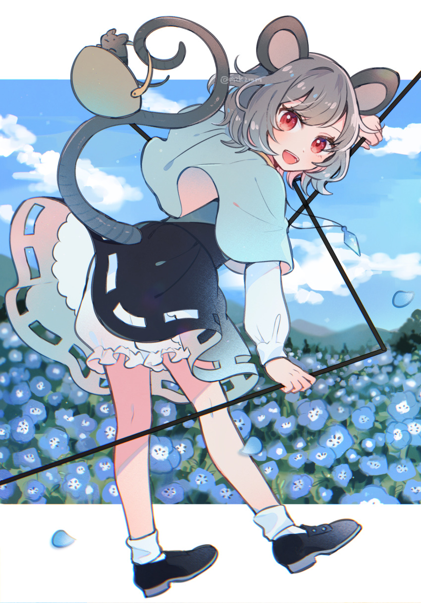 1girl animal animal_ears black_dress black_footwear bloomers blue_capelet blue_flower blush capelet dowsing_rod dress flower full_body grey_hair highres jewelry looking_at_viewer mouse mouse_ears mouse_tail mozukuzu_(manukedori) nazrin open_mouth pendant red_eyes shoes short_hair smile socks solo tail touhou twitter_username white_bloomers white_socks