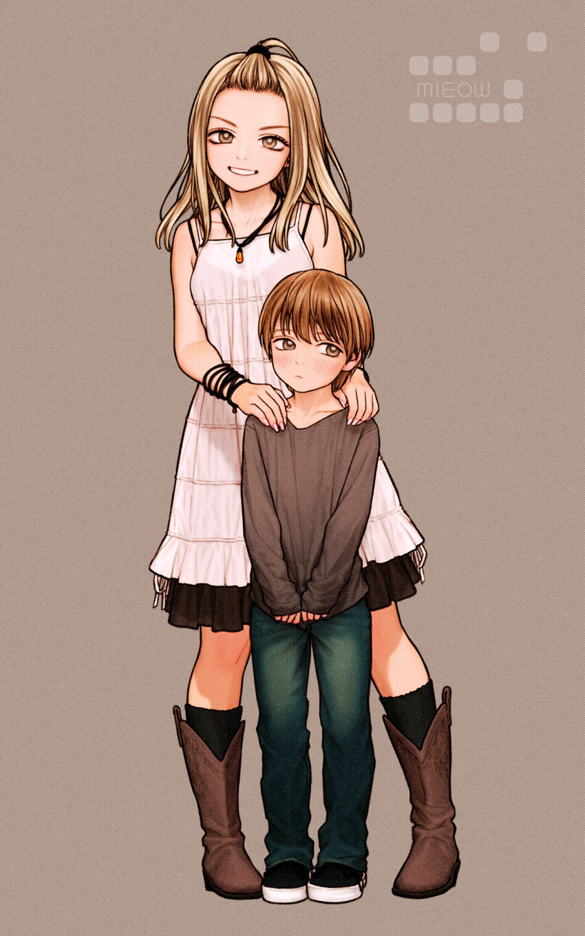 1boy 1girl age_difference bangs_pinned_back bare_shoulders blonde_hair blush boots bracelet brown_eyes brown_hair commentary_request denim dress embarrassed forehead full_body grey_shirt hands_on_another's_shoulders highres jeans jewelry long_hair looking_at_viewer looking_to_the_side necklace onee-shota original pants rustle shirt shoes smile sneakers white_dress