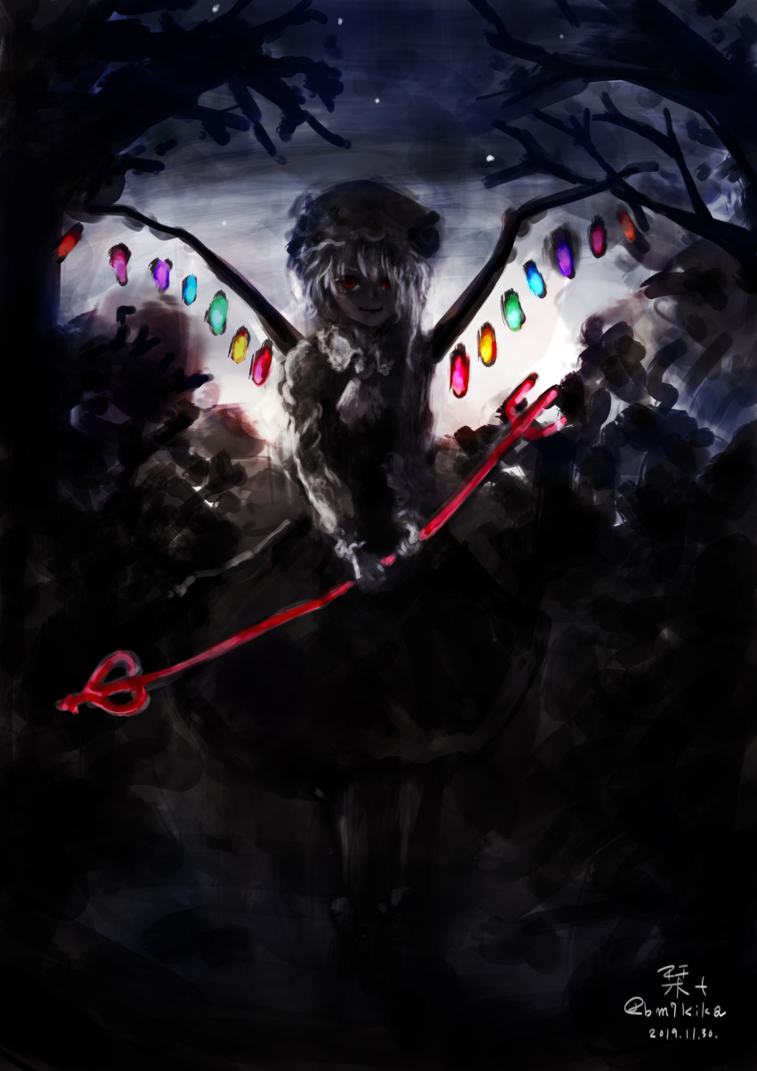 1girl absurdres artist_name bm7kika crystal dark_background dated flandre_scarlet full_body glowing glowing_wings hat highres holding holding_polearm holding_weapon laevatein_(touhou) long_sleeves mob_cap multicolored_wings one-hour_drawing_challenge polearm red_eyes shirt skirt solo touhou vest weapon wings