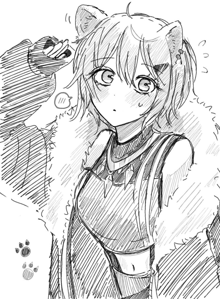 1girl animal_ears arm_up bang_dream! bang_dream!_it's_mygo!!!!! chap55al closed_mouth commentary cosplay crop_top ear_piercing flying_sweatdrops fur-trimmed_jacket fur_trim greyscale highres jacket lion_ears long_sleeves monochrome navel off_shoulder open_clothes open_jacket paw_print piercing shirt shishiro_botan shishiro_botan_(cosplay) sleeveless sleeveless_shirt sleeves_past_wrists solo spoken_blush sweatdrop takamatsu_tomori upper_body