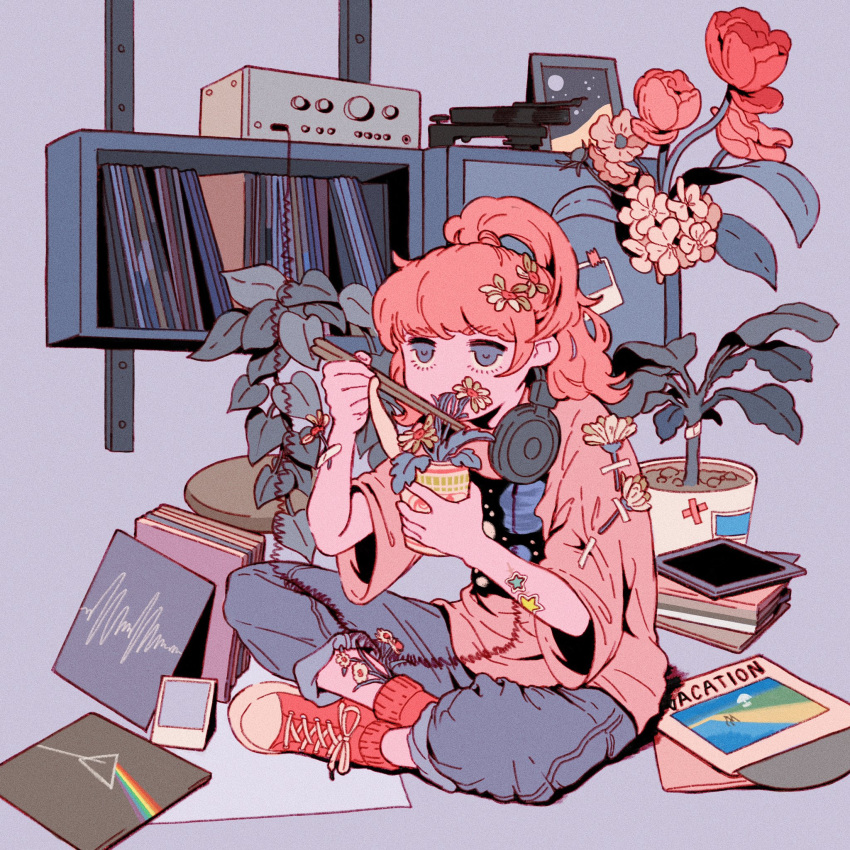 03moonmoonmoon 1girl a_long_vacation arctic_monkeys blue_eyes blue_pants blunt_bangs book book_stack bookshelf chopsticks crossed_ankles cup eating flower full_body hair_flower hair_ornament high_ponytail highres holding holding_chopsticks holding_cup long_hair long_sleeves looking_ahead looking_at_viewer orange_flower orange_hair orange_shirt original pants pants_rolled_up picture_frame pink_floyd plant polaroid potted_plant print_shirt radio ramen record_jacket red_footwear shirt shoes sidelocks sitting sneakers solo white_flower