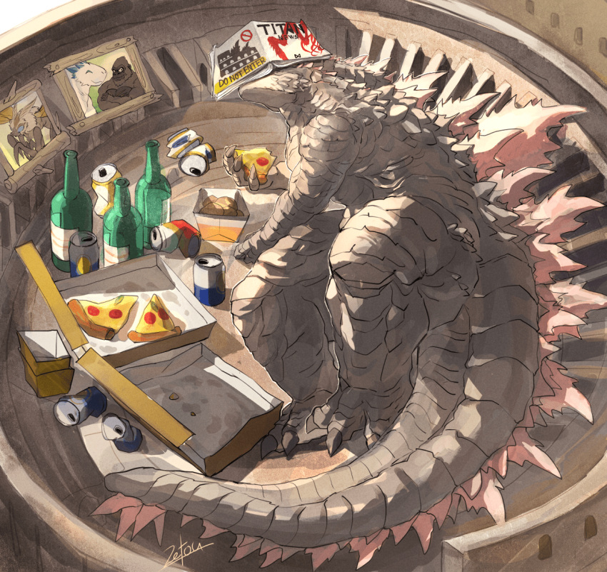 book book_on_head bottle can claws colosseum food giant giant_monster godzilla godzilla_(monsterverse) godzilla_(series) godzilla_x_kong:_the_new_empire holding holding_food holding_pizza horns italy kaijuu king_kong king_kong_(series) kong_(monsterverse) long_tail monster monsterverse mothra mothra_(monsterverse) no_humans object_on_head photo_(object) picture_frame pizza pizza_box pizza_slice rome_(city) shimo_(monsterverse) sleeping spikes tail tsk03