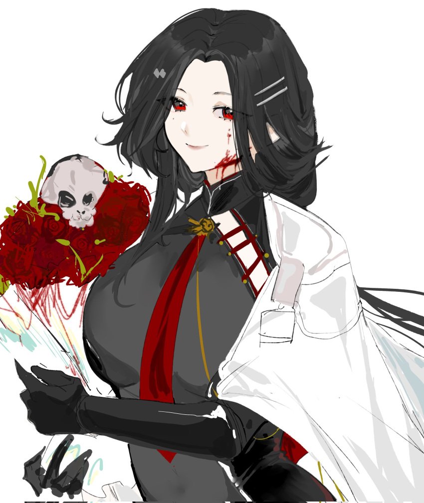 1girl bisaytin black_gloves black_hair blood blood_on_face bouquet cloak corrupted_twitter_file flower girls_frontline gloves highres holding holding_bouquet long_hair looking_at_viewer multiple_hairpins qbu-191_(girls'_frontline) red_eyes red_flower red_rose rose simple_background smile solo upper_body white_background white_cloak