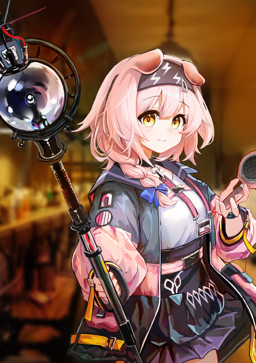 1girl absurdres animal_ears arknights black_hairband blue_bow blurry blurry_background bow braid buckle cat_ears cat_girl commentary_request cowboy_shot floppy_ears goldenglow_(arknights) hair_bow hair_dryer hairband hand_up highres holding holding_hair_dryer holding_staff id_card infection_monitor_(arknights) jacket lightning_bolt_print long_hair long_sleeves looking_at_viewer multicolored_clothes multicolored_jacket open_clothes open_jacket pink_hair pink_jacket purple_skirt scissors shirt skirt smile snap-fit_buckle solo staff two-tone_jacket white_shirt yellow_eyes zongshi_jiu_du_ying_lai_luori